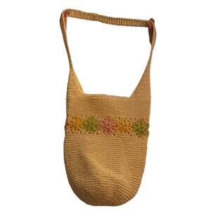 Yellow Crocheted Purse 14 1/2 x 11.  White lining and snap closure.